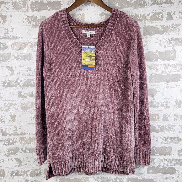 Orvis Chenille Sweater Womans Large Mauve Dusty Rose Pink Ultra Soft V Neck Cozy - Picture 1 of 13